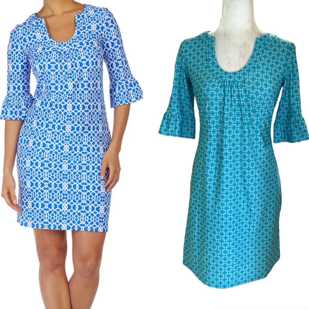 Jude Connally Nancy Aqua Blue & White Geometric Ruffle Sleeve Mini Dress - XS